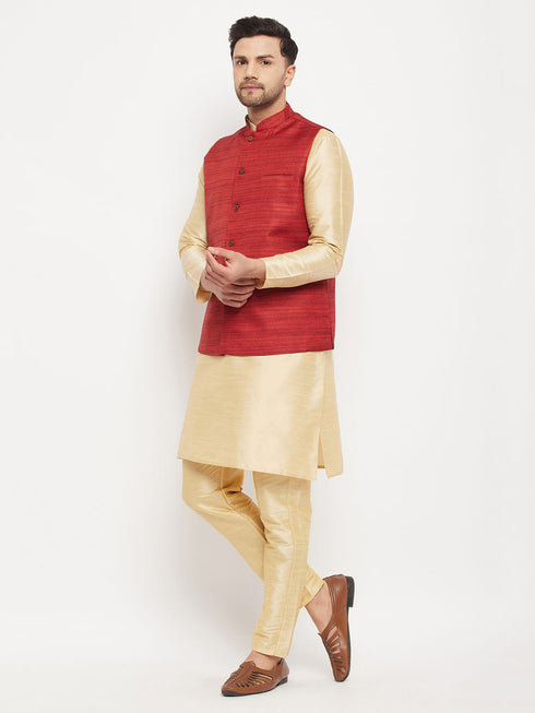 Vastramay Men's Maroon Matka Silk Nehru Jacket With Gold Silk Blend Kurta and Pant style Pyjama Set